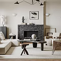 Modern Living Room Interior Featuring Sofa Fireplace Chandelier Rug And Artwork