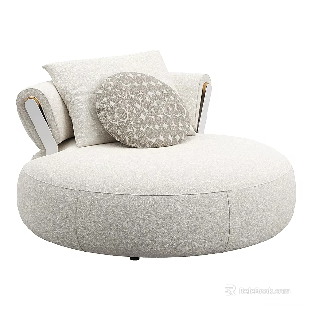 Round Beige Single Seater Fabric Sofa With Cushions Star Pattern And White Armrests 3d model
