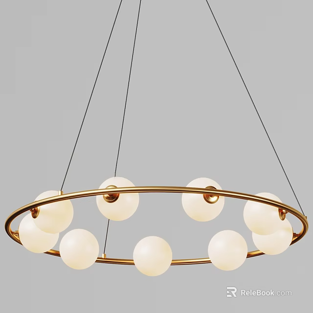Modern Chandelier Design With Golden Circular Frame And White Spherical Lampshades Hanging By Metal Chains 3d model 