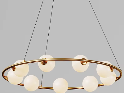 Modern Chandelier Design With Golden Circular Frame And White Spherical Lampshades Hanging By Metal Chains 3d model