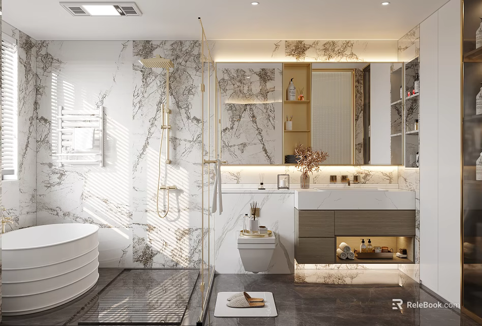 Modern Luxury Bathroom Interior Design With Marble Walls Freestanding Bathtub Double Vanity And Large Mirror 3d model 