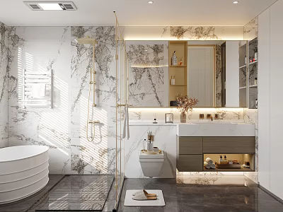 Modern Luxury Bathroom Interior Design With Marble Walls Freestanding Bathtub Double Vanity And Large Mirror 3d model