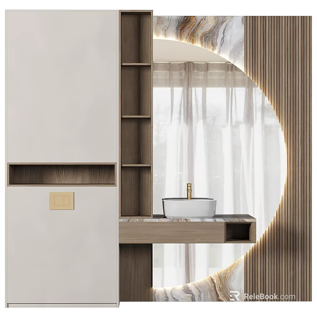 Contemporary Washbasin Design Featuring Round Backlit Mirror Wooden Countertop And White Curtains 3d model 