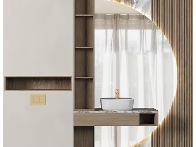 Contemporary Washbasin Design Featuring Round Backlit Mirror Wooden Countertop And White Curtains 3d model