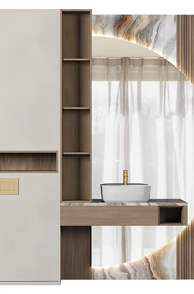 Contemporary Washbasin Design Featuring Round Backlit Mirror Wooden Countertop And White Curtains 3d model