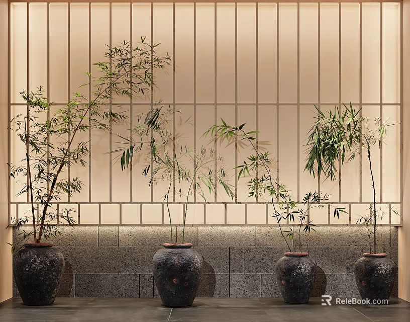 Decorative Bamboo Bonsai Plants in Dark Ceramic Pots Against Wooden Slat Wall with Gray Base 3d model 