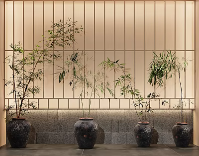 Decorative Bamboo Bonsai Plants in Dark Ceramic Pots Against Wooden Slat Wall with Gray Base 3d model