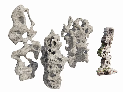 Natural Stone and Wood Decorative Sculptures with Hollow Patterns and Textures 3d model