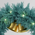 Festive Green Christmas Wreath Decoration With Golden Bells And Glowing Lights