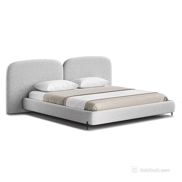 Modern Minimalist Double Bed with Soft Gray Upholstered Headboard White Pillows and Beige Bedding 3d model 