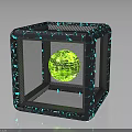 Geometric Cube Frame Structure With Green Glowing Sphere And Blue Decorative Lines 3d model