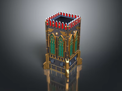 Gothic Tower Model With Red Spire Decorations Green Stained Glass Windows And Golden Accents 3d model