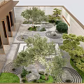 Courtyard Garden Design With Circular Patterned Flooring Various Trees Stones And Stone Walls