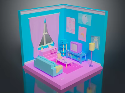 Cartoon Style Room Scene With Blue Walls Pink Curtains Dresser Sofa TV And Rug 3d model