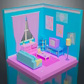 Cartoon Style Room Scene With Blue Walls Pink Curtains Dresser Sofa TV And Rug