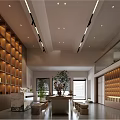 Modern Tea House Interior With Wooden Bookshelves Central Table And Green Plants