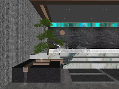 Garden Ornament Design With Stone Wall Steps Small Pine Tree And Water Feature 3d model