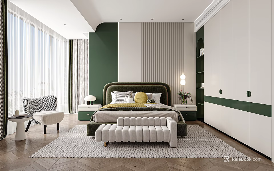 Modern Green And White Bedroom Interior With Bed Bench Nightstands And Curtains 3d model 