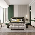 Modern Green And White Bedroom Interior With Bed Bench Nightstands And Curtains
