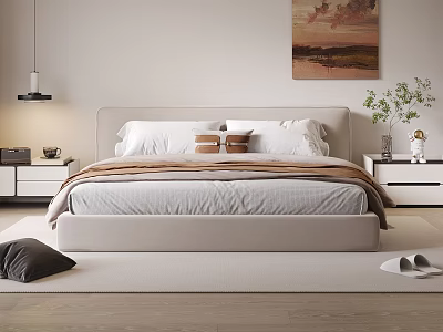 Cozy Modern Double Bed with Beige Headboard White Pillows Brown Blanket Nightstand and Wall Painting 3d model