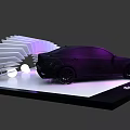 Modern Exhibition Display Shelf Showcasing Luxury Car with Curved Structure White Spheres and Purple Lighting