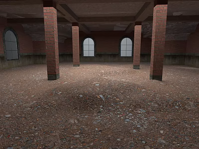 Unfinished Industrial Interior With Red Brick Walls Arched Windows Columns Black Bases Exposed Concrete Ceiling 3d model