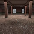 Unfinished Industrial Interior With Red Brick Walls Arched Windows Columns Black Bases Exposed Concrete Ceiling