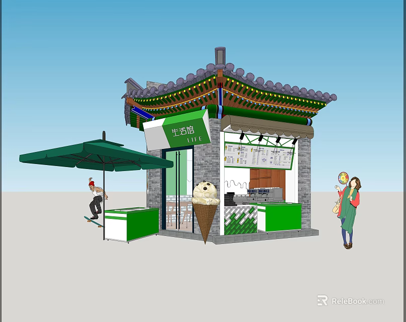 Traditional Style Ice Cream Kiosk With Decorative Roof Green White Parasol And Giant Cone Model 3d model 