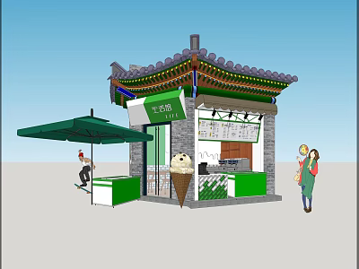 Traditional Style Ice Cream Kiosk With Decorative Roof Green White Parasol And Giant Cone Model 3d model
