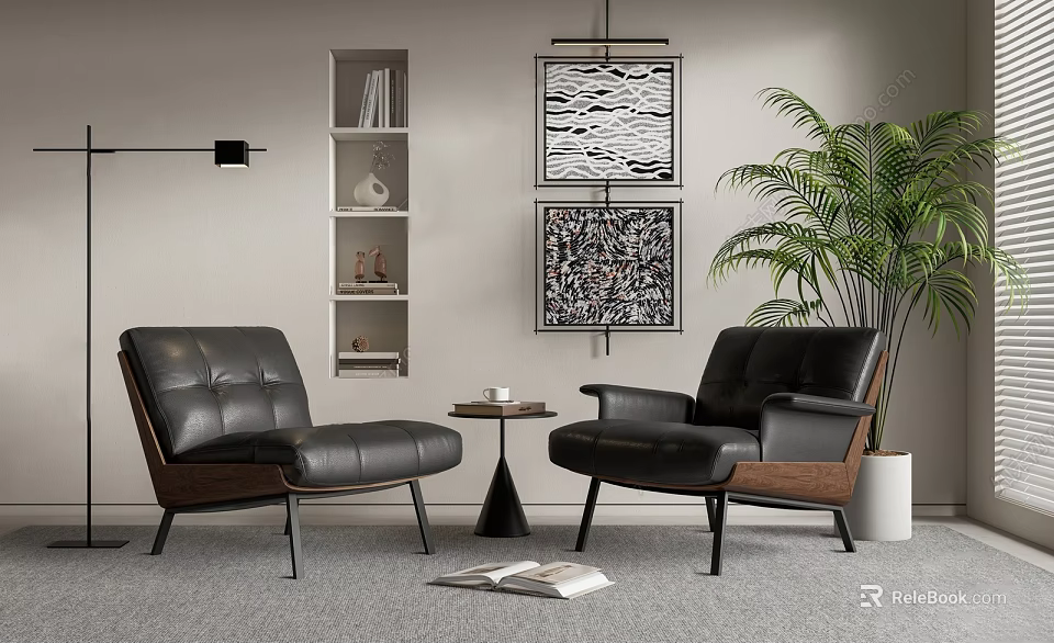 Modern Black Leather Leisure Chairs With Wooden Armrests Small Table Decorative Paintings And Green Plant 3d model 