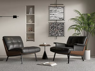 Modern Black Leather Leisure Chairs With Wooden Armrests Small Table Decorative Paintings And Green Plant 3d model