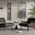 Modern Black Leather Leisure Chairs With Wooden Armrests Small Table Decorative Paintings And Green Plant