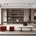 Modern Tea Room Interior With Long Table Red Stools Wooden Shelves And Tea Sets
