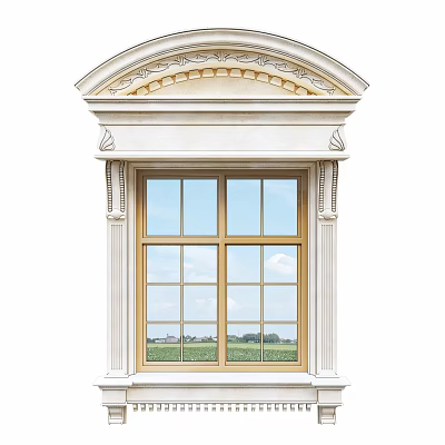 Classical Carved Window Design With Decorative Architrave White Frame And Grid Panes 3d model
