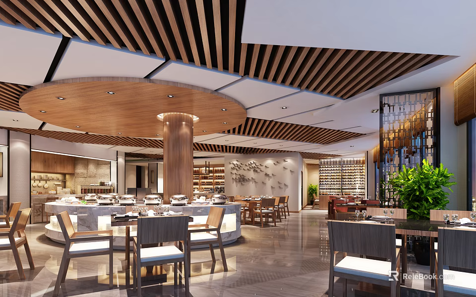 Modern Restaurant Interior With Wooden Striped Ceiling Round Tables And Wine Rack 3d model 