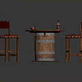 Cozy Interior Barrel-Shaped Round Table With Two Wooden Padded Chairs And Wine Bottle