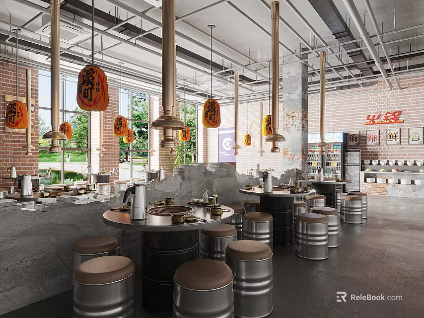 Modern Industrial Restaurant Interior With Red Brick Walls Hanging Lanterns And Metal Barrel Stools 3d model 