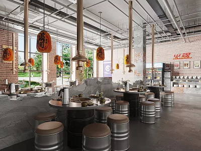 Modern Industrial Restaurant Interior With Red Brick Walls Hanging Lanterns And Metal Barrel Stools 3d model