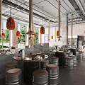 Modern Industrial Restaurant Interior With Red Brick Walls Hanging Lanterns And Metal Barrel Stools