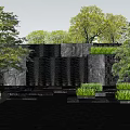 Modern Building Exterior Wall With Stone Cladding Water Feature Landscaped Greenery And Accent Lighting