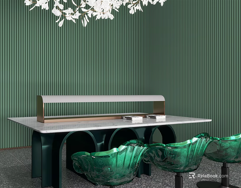 Hotel Public Lounge Area With Green Striped Walls White Marble Table And Transparent Glass Chairs 3d model 