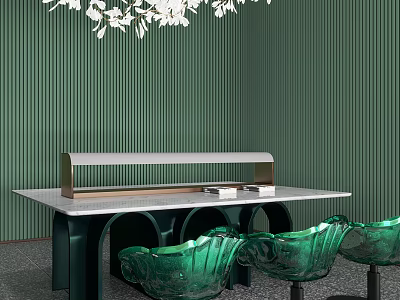 Hotel Public Lounge Area With Green Striped Walls White Marble Table And Transparent Glass Chairs 3d model
