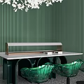 Hotel Public Lounge Area With Green Striped Walls White Marble Table And Transparent Glass Chairs