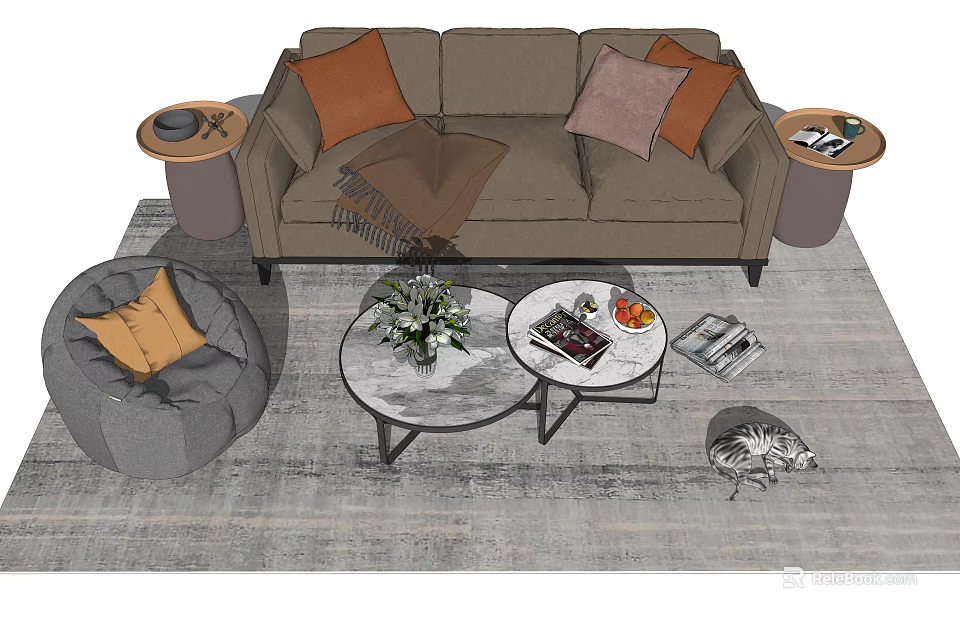 Modern Sofa and Coffee Table Set With Decorative Pillows Area Rug and Side Tables 3d model
