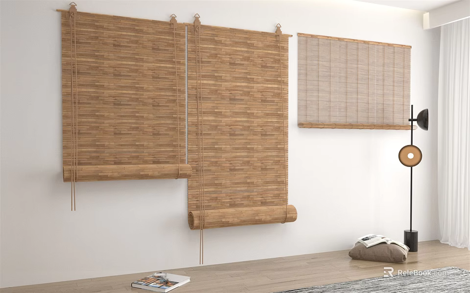 Natural Bamboo Blinds Hanging on White Wall for Modern Home Decoration 3d model 