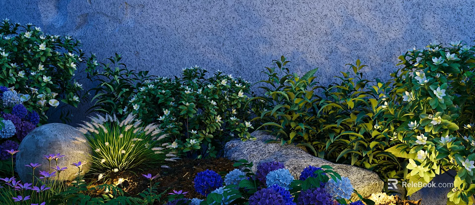 Garden Ornament Featuring Green Plants White Flowers Purple Hydrangeas Gray Wall Stones And Lighting 3d model 