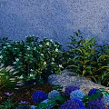 Garden Ornament Featuring Green Plants White Flowers Purple Hydrangeas Gray Wall Stones And Lighting