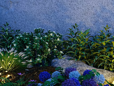Garden Ornament Featuring Green Plants White Flowers Purple Hydrangeas Gray Wall Stones And Lighting 3d model