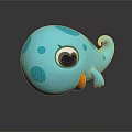 Cute Blue Spotted Cartoon Creature with Large Eyes Orange Mouth and Curled Tail