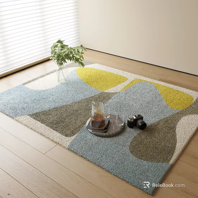Square Rug Geometric Blue Yellow Gray Pattern on Wooden Floor with Tray Glass and Dumbbells 3d model 